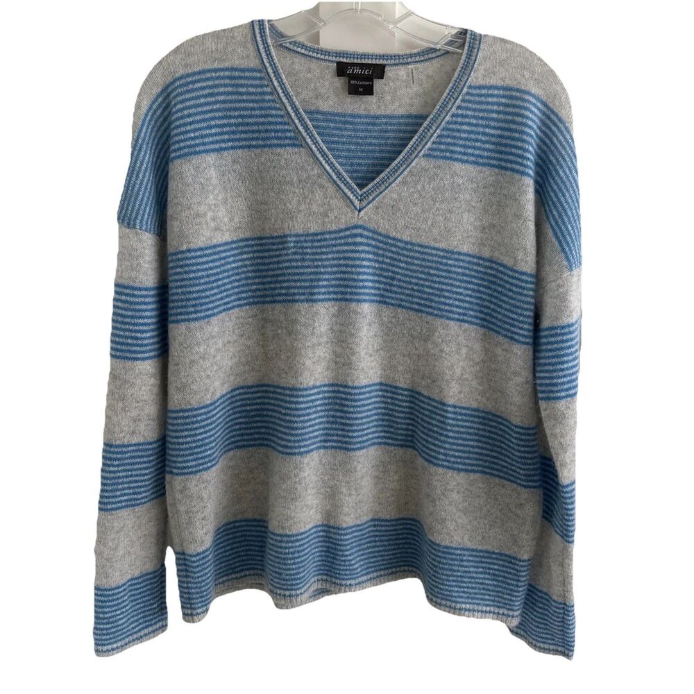 EUC Pure Amici 100% CASHMERE V Neck Sweater Gray Blue Stripes Med